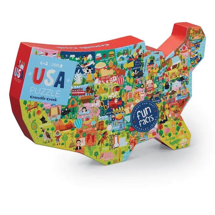 200-piece jigsaw puzzle for kids in a USA-shaped box, featuring colorful map of the United States