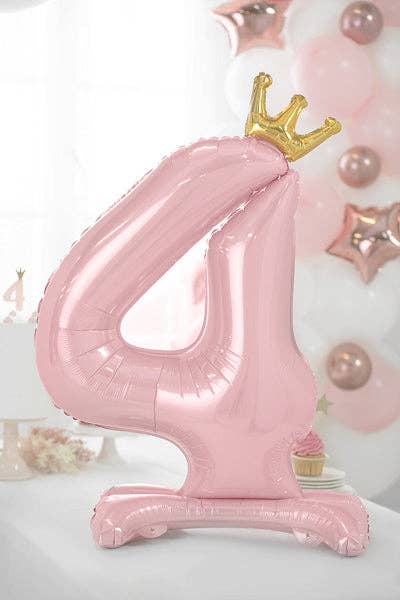 Standing Foil Number Balloon - Light Pink with Gold Crown | 33 Inches