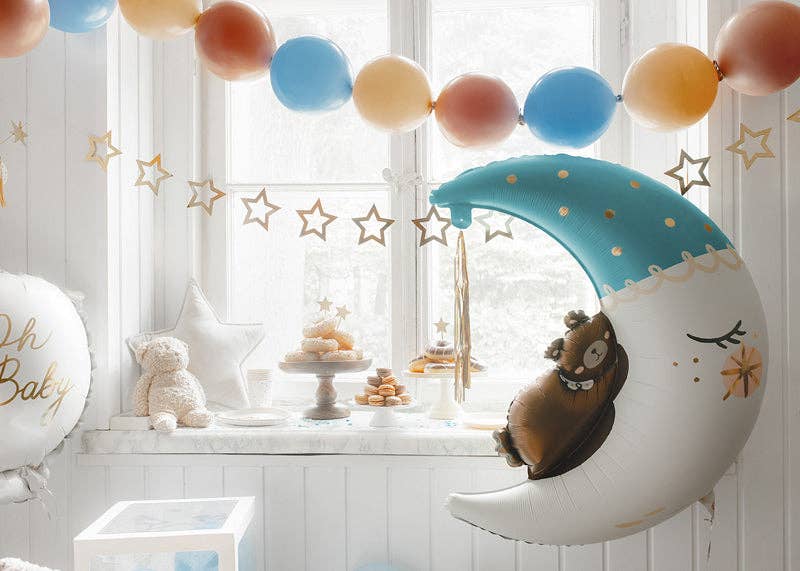 Teddy Bear on the Moon Foil Balloon - Light Blue & Gold Tassel | 28x34 Inches