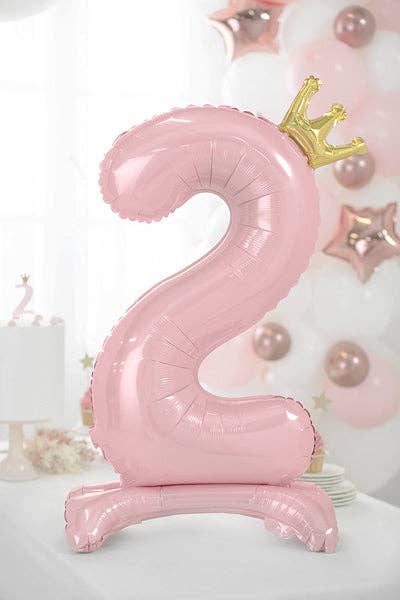 Standing Foil Number Balloon - Light Pink with Gold Crown | 33 Inches