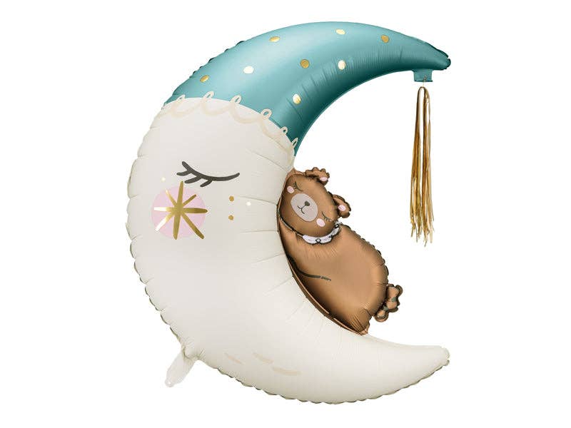 Teddy Bear on the Moon Foil Balloon - Light Blue & Gold Tassel | 28x34 Inches