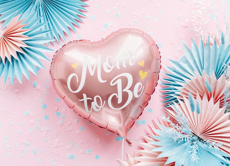Mom to Be Heart Foil Balloon - Pink or Blue with Gold Metallic Print | 14 Inches