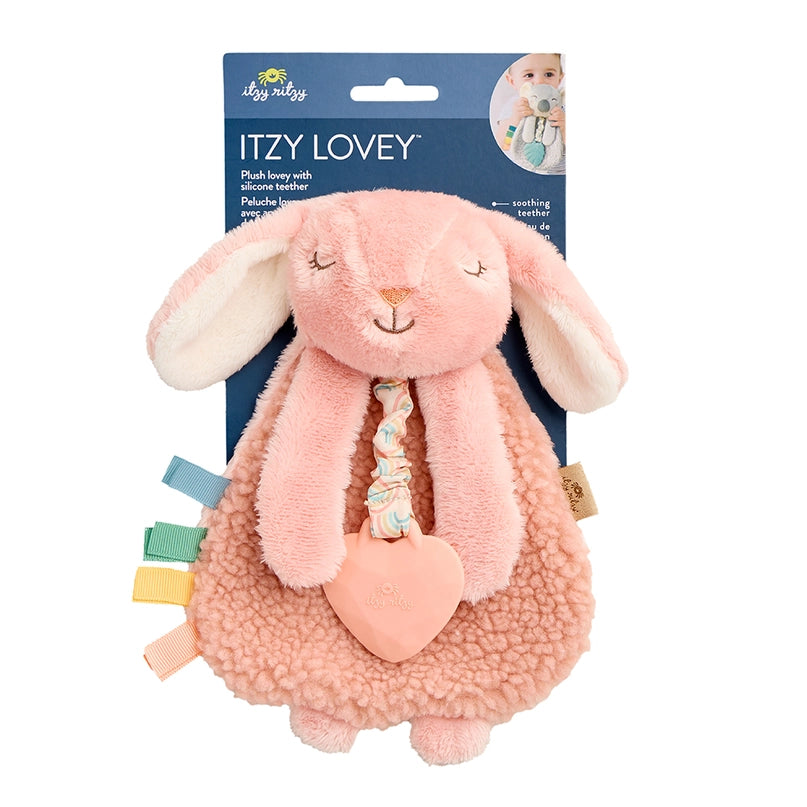 Soft sherpa bunny lovey with crinkle arms, textured silicone teether, and detachable ribbon tags. Features hook-and-loop strap for toy attachment, designed to engage infants' tactile and auditory senses from 0 months.