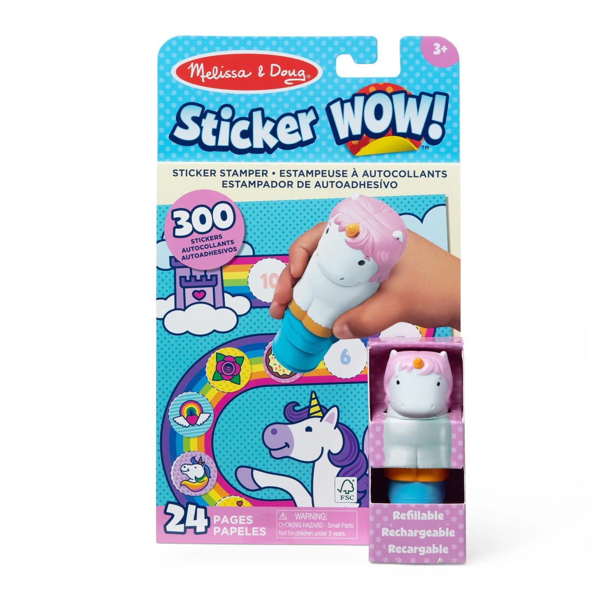Multilingual sticker activity book with 300 reusable stickers and 24 pages. Safe for ages 3+, includes stampers for creative play (English/French/Spanish).