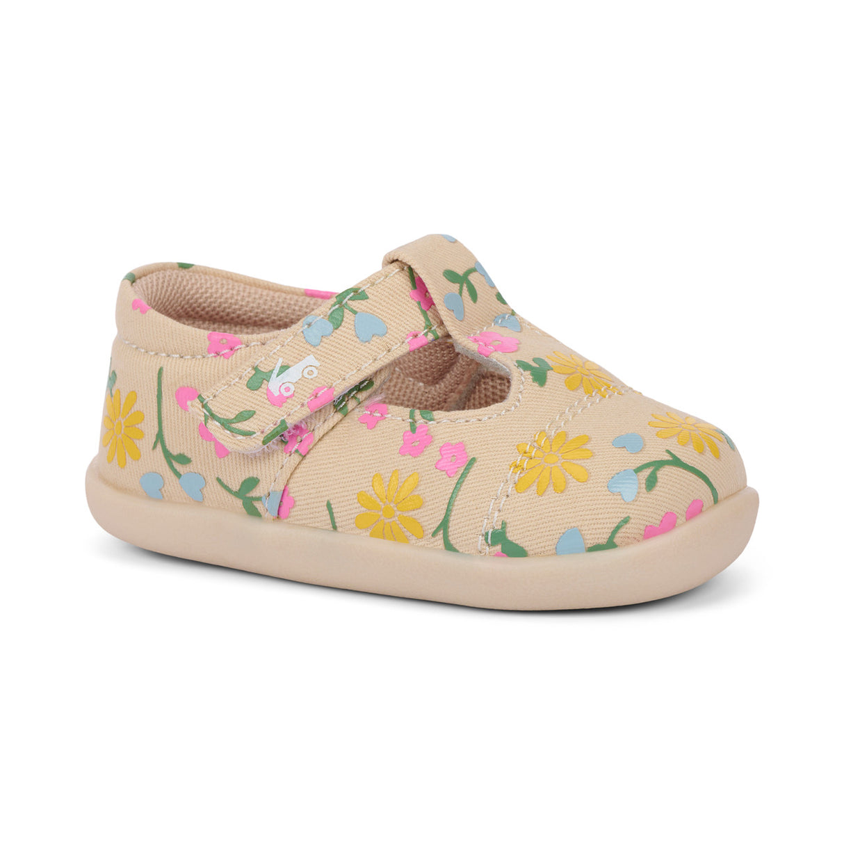 Children's oatmeal-colored sneakers with embroidered floral details, featuring hook-and-loop straps and textured rubber soles. Lightweight design supports active play with reinforced toe protection.