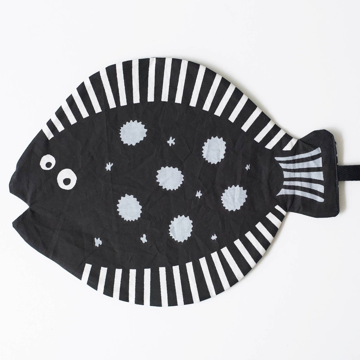 Organic baby crinkle toy shaped like a fish, made from natural materials