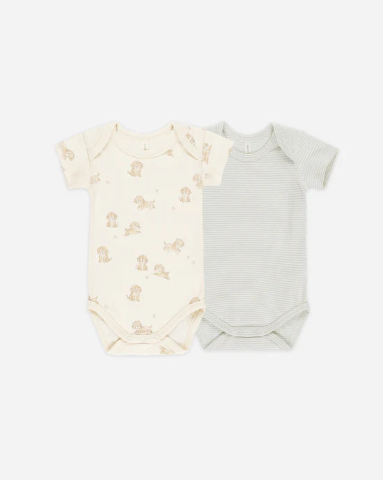 Short Sleeve Bodysuit, 2 Pack || Puppies, Blue Micro Stripe