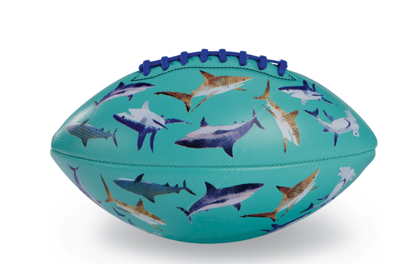 Inflatable shark-print football with textured double laces for easy grip. Waterproof PVC material, perfect for pool, beach, or backyard play (ages 3+).