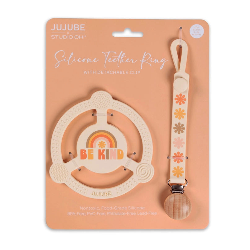 Soft silicone teether ring with detachable clip, soothing and safe for babies