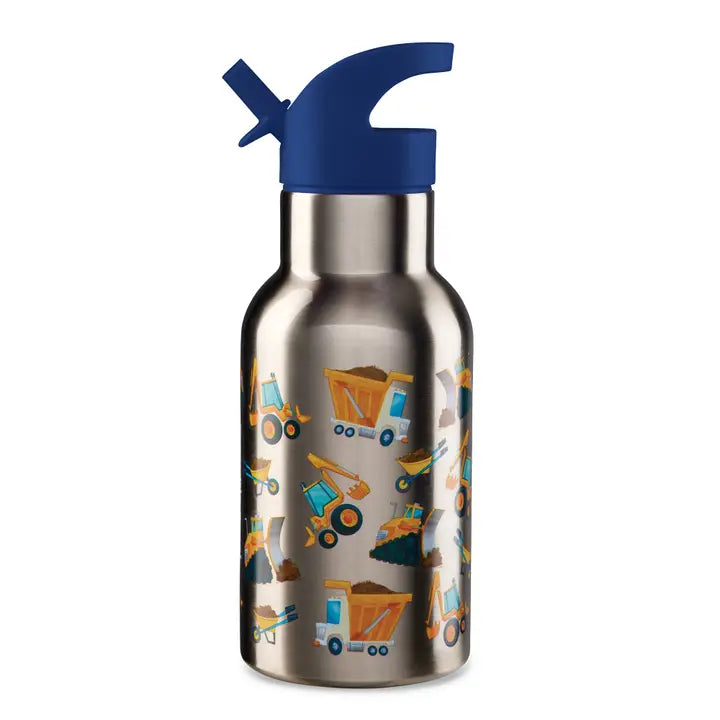 Kids’ stainless steel water bottle with construction vehicle print