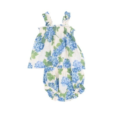 Baby outfit set with watercolor hydrangea print, ruffled strap top and matching bloomers for a fresh summer look