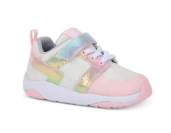 White children's sneakers with reinforced toe caps, adjustable hook-and-loop straps, and non-slip rubber soles. Lightweight mesh fabric keeps little feet cool during active play.