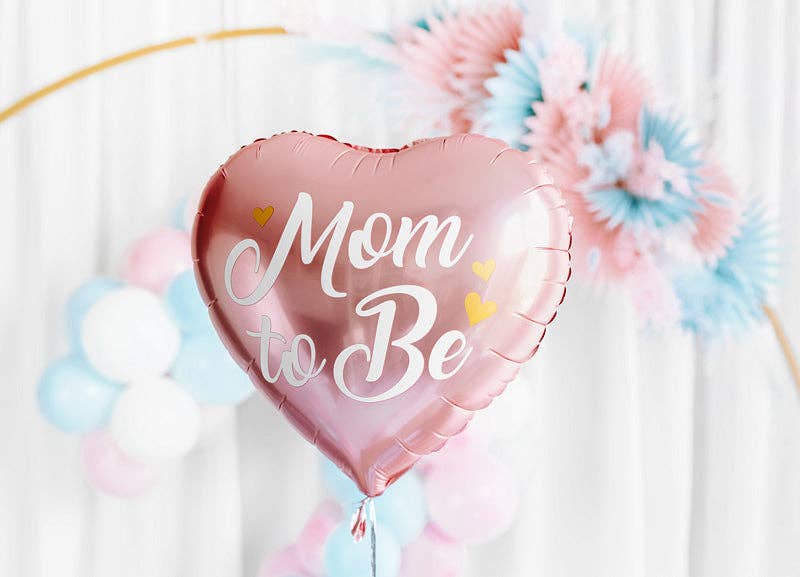 Mom to Be Heart Foil Balloon - Pink or Blue with Gold Metallic Print | 14 Inches