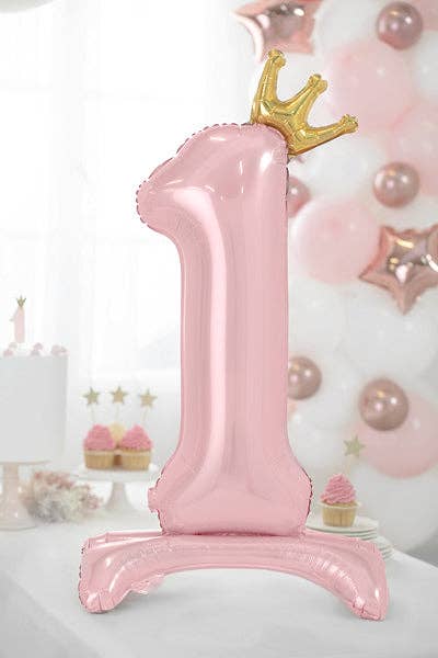 Standing Foil Number Balloon - Light Pink with Gold Crown | 33 Inches