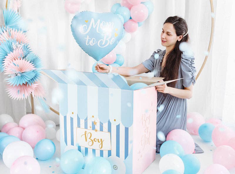 Mom to Be Heart Foil Balloon - Pink or Blue with Gold Metallic Print | 14 Inches