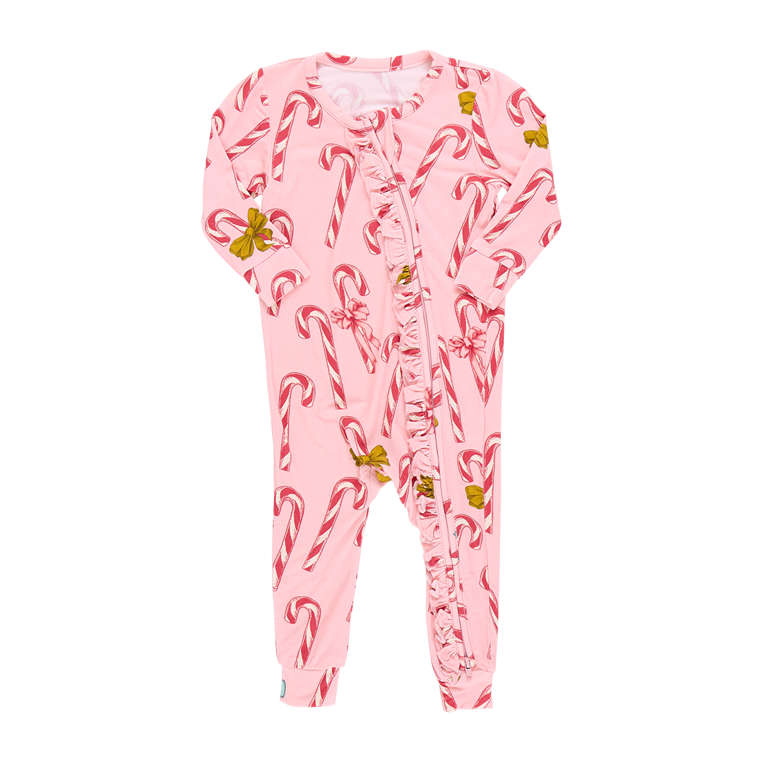 Baby Girls Bamboo Ruffle Romper - Pink Candy Cane Lane