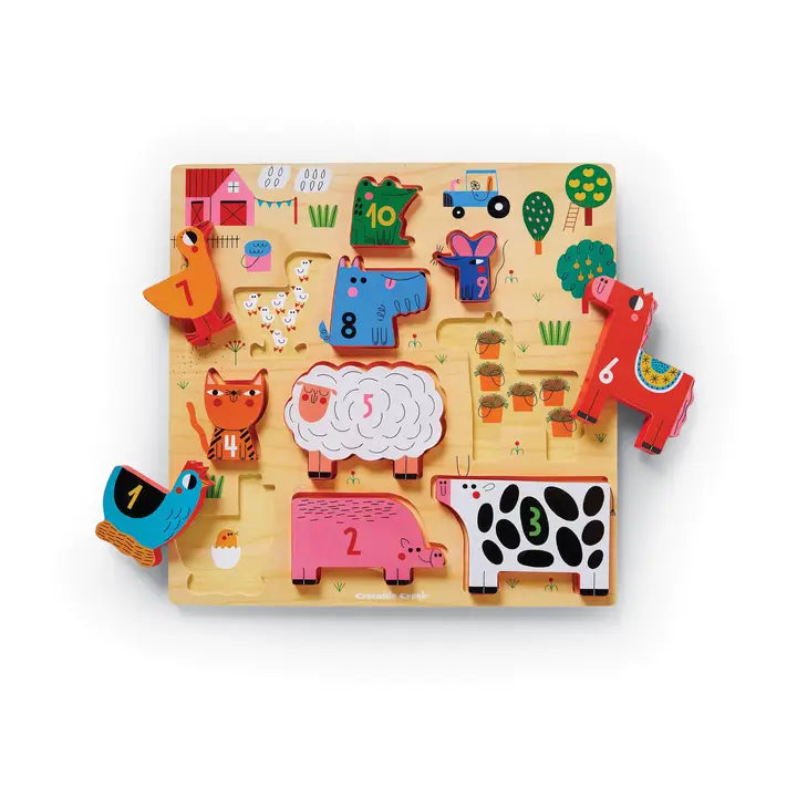 10-piece stacking wooden puzzle for kids featuring barnyard animals and numbers 1 to 3