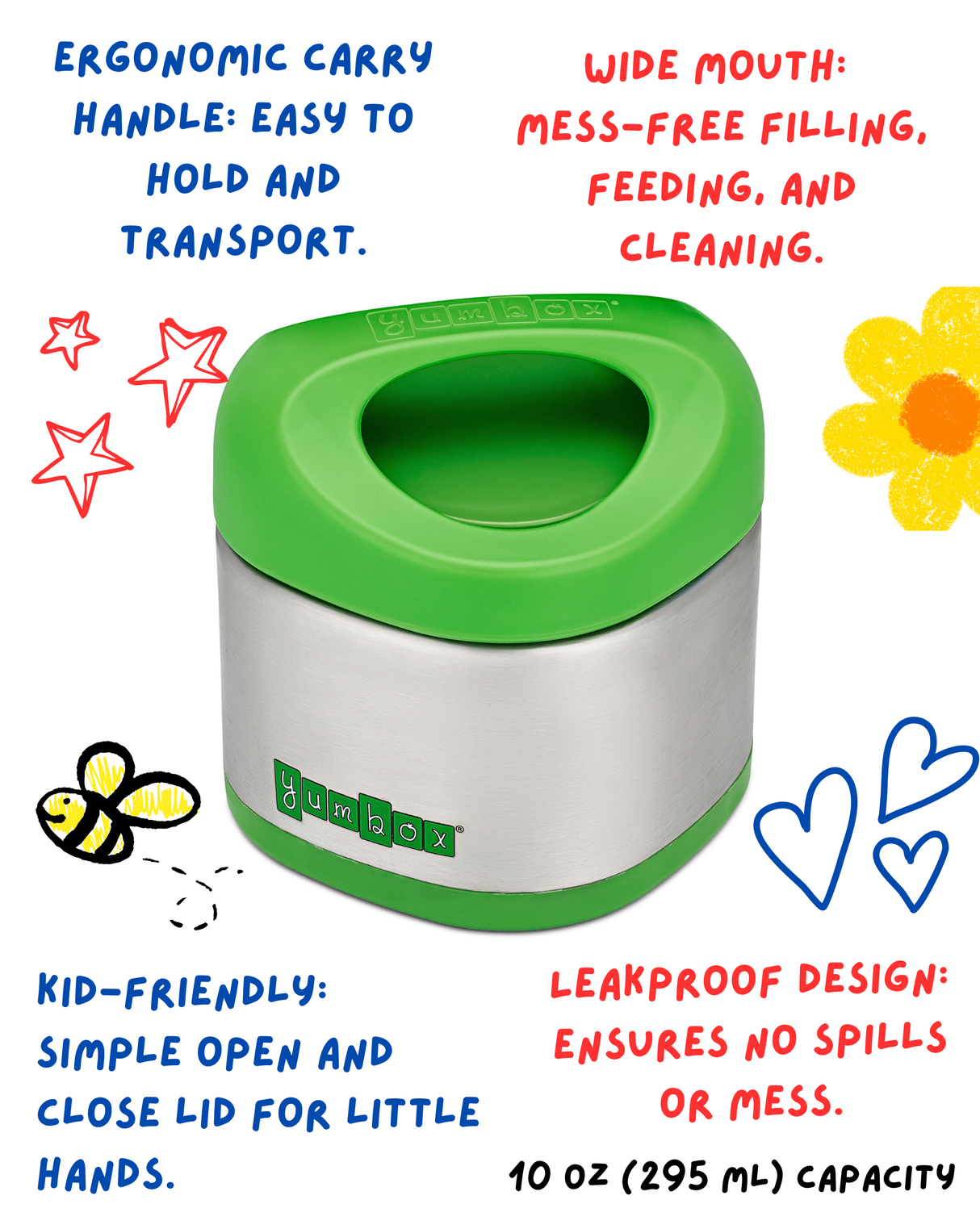 Yumbox Cubi Thermal Food Jar for Kids - Easy Carry and Open Lid 10 oz  - Apple Green