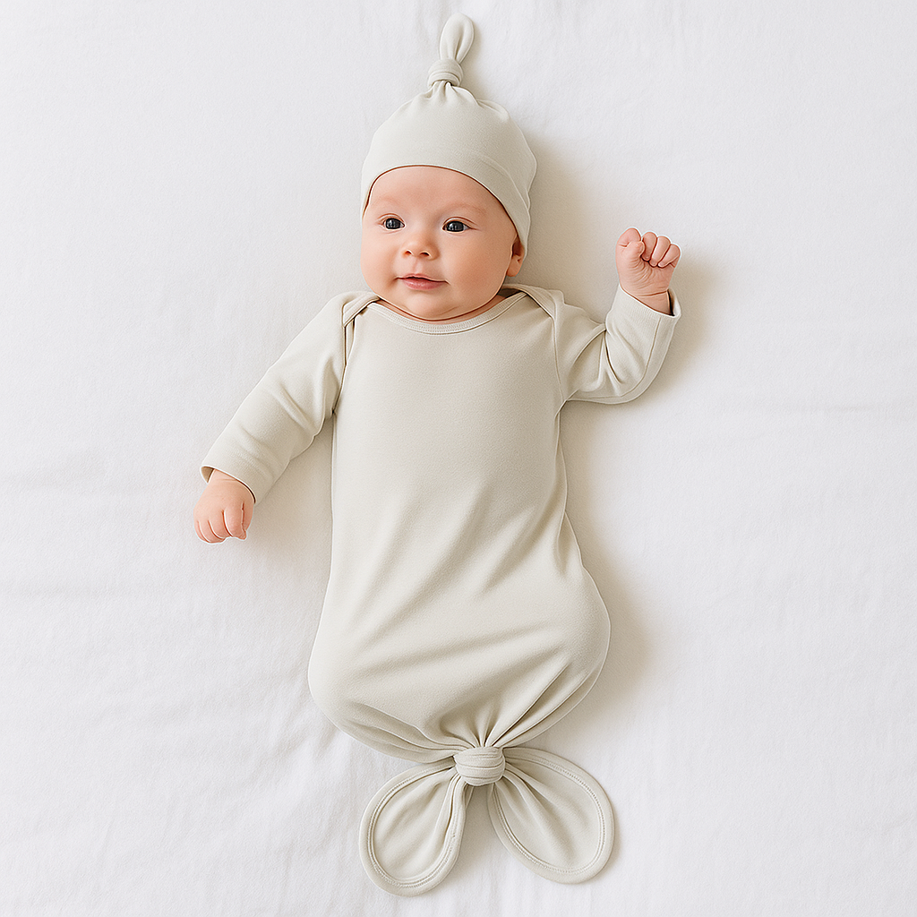 Bamboo Knotted Baby Gown/Beanie | Ivory, Rose, Taupe & Sage