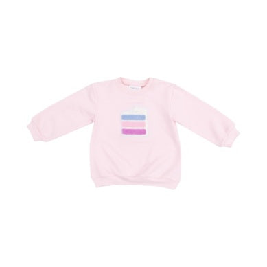 Oversized kids' sweatshirt with birthday cake appliqué – soft and festive pullover, perfect for birthday celebrations and photo moments.