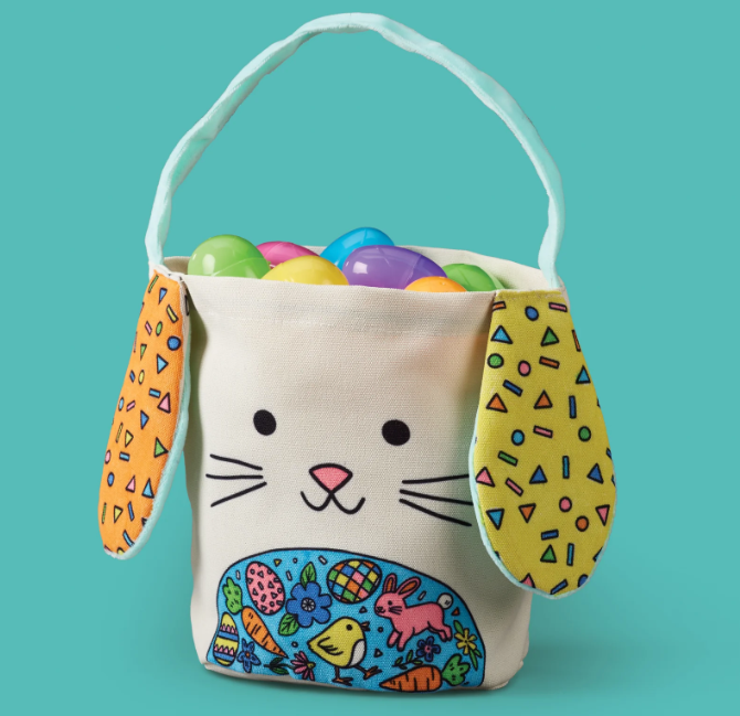 Unfinished fabric Easter bunny basket with 6 washable markers. Kids 6+ can personalize designs for Easter egg hunts or gifts.