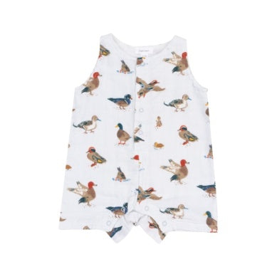 Sleeveless short romper featuring cute duck prints, lightweight and breathable for summer wear