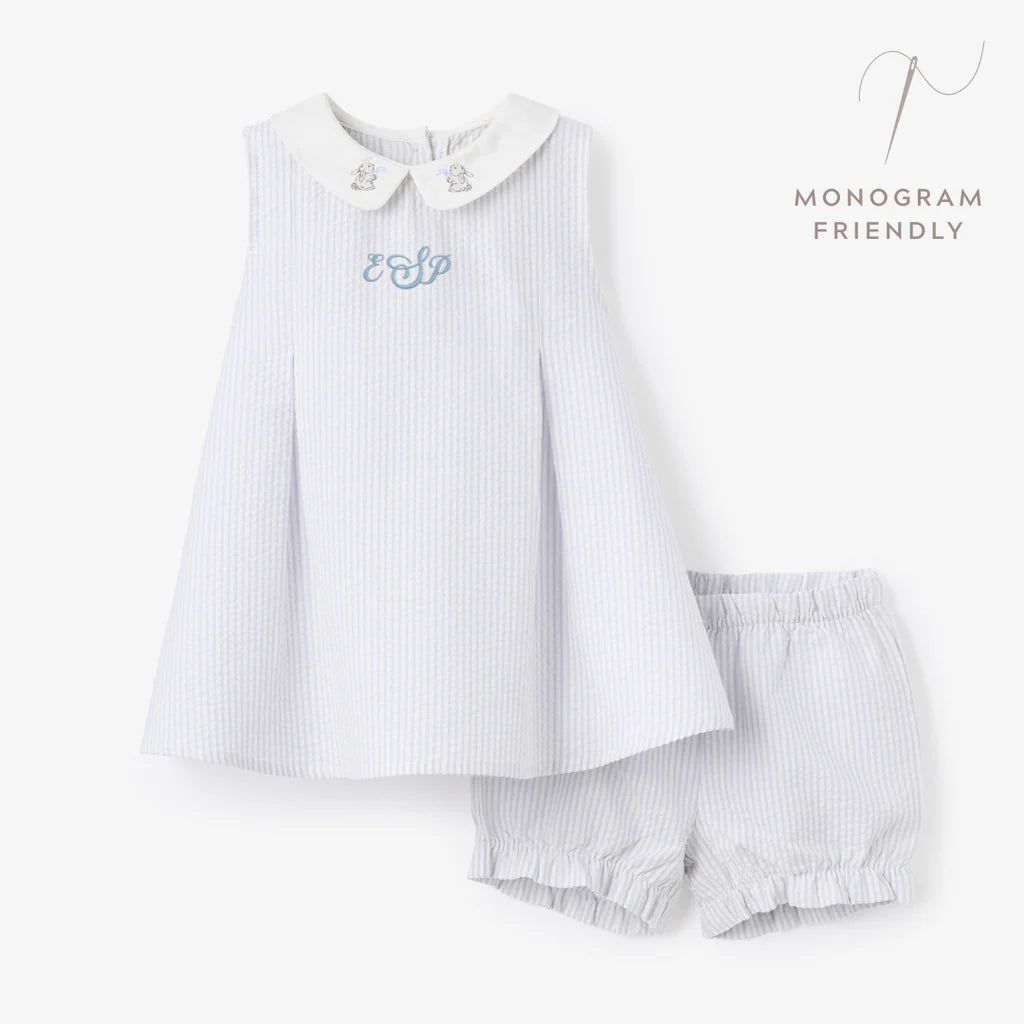 Blue Seersucker Embroidered Bunny Dress