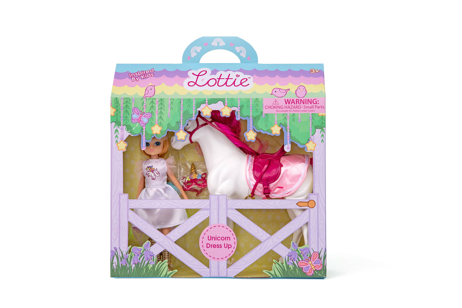 A smiling child arranging rainbow wings and glittery accessories on a plush unicorn with the Enchanted Unicorn Dress-Up Adventure Kit. Promotes creativity and fine motor skills.