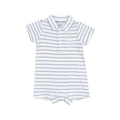 Dusty blue baby polo shortie with French stripe pattern, comfy and stylish for summer wear