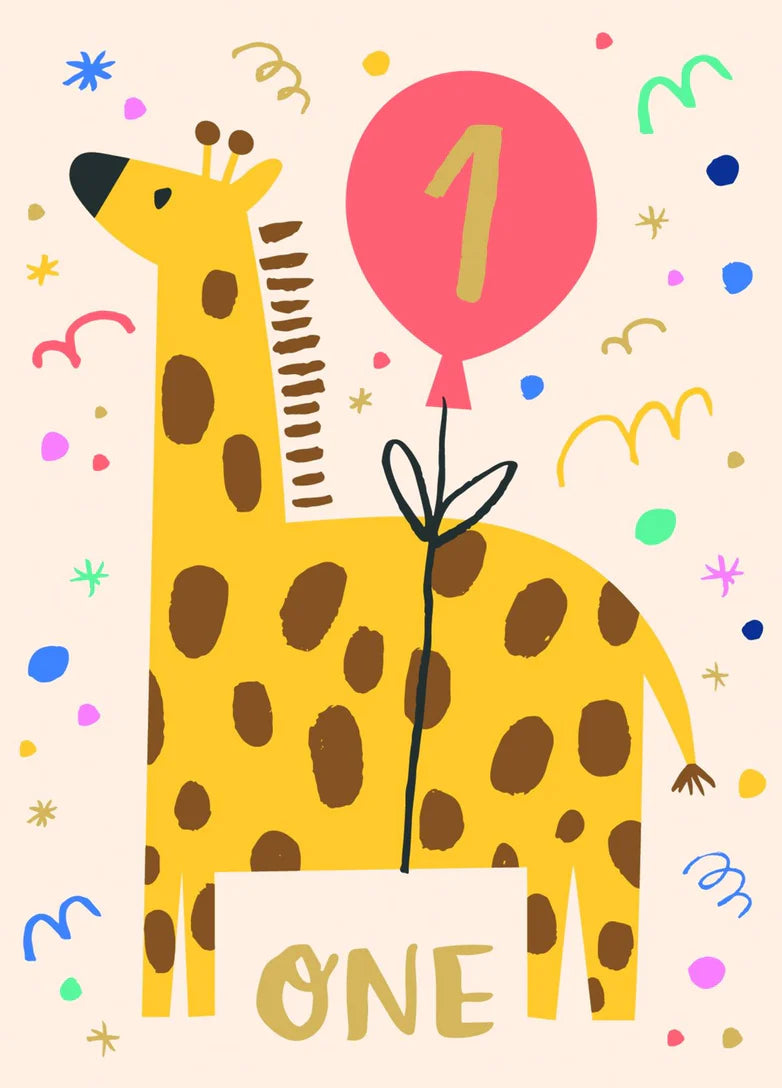 One Year old giraffe birthday card