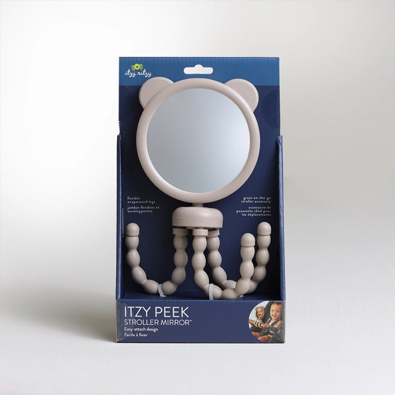 Curved baby stroller mirror with wraparound legs securely attached to handlebars, allowing parents to monitor their child’s face and the surrounding environment during walks. Adjustable angle for optimal rear-view visibility.