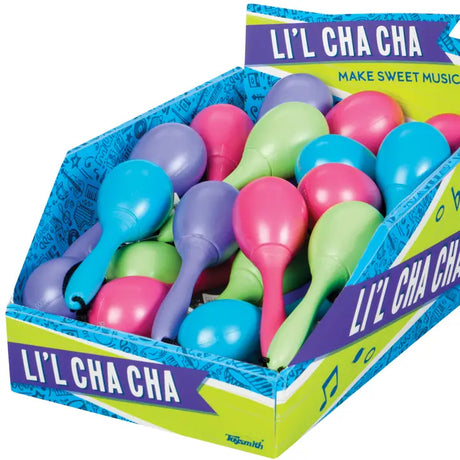 Li'l Cha Cha maracas with lanyard in assorted colors – fun musical party favors perfect for kids' celebrations and rhythm play.