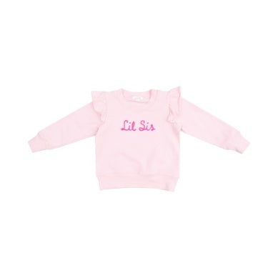Little Sister ruffle sweatshirt for toddler girls – soft cotton sibling outfit with sweet frill details, perfect for family matching or gifts.