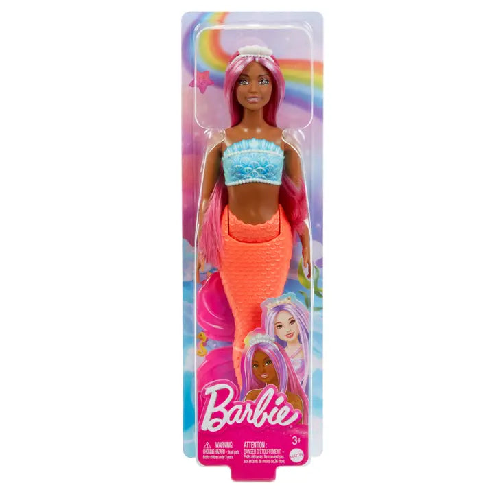 Mattel Barbie mermaid doll with bright orange tail – colorful fantasy doll perfect for imaginative play and mermaid-themed collections.
