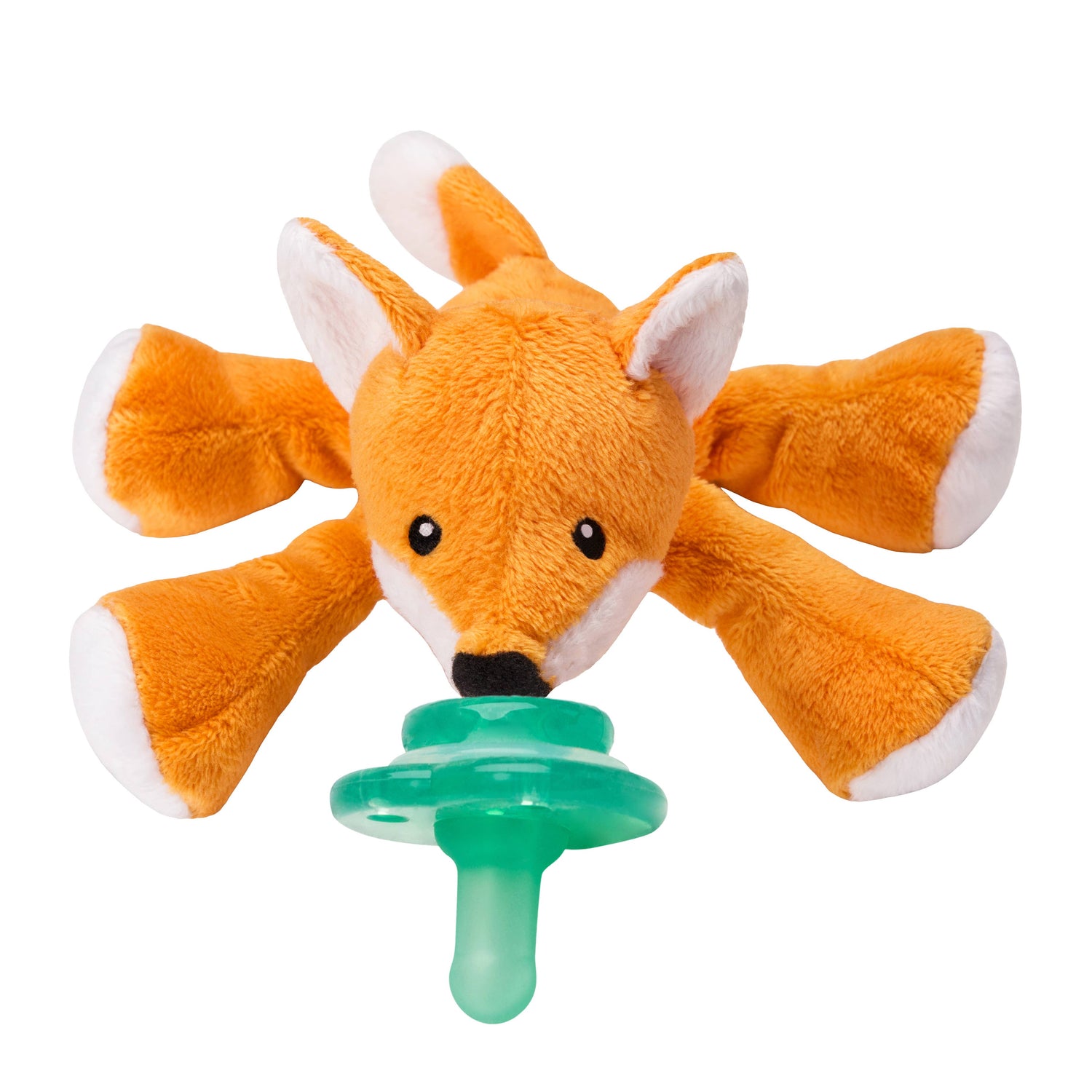 Freckles Fox plush toy with silicone pacifier and Hug Ring for baby self-soothing. Machine-washable, compatible with MAM, Avent, and other pacifiers.