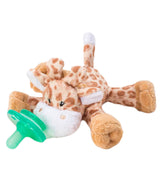 Georgie Giraffe plush toy with silicone pacifier and Hug Ring for baby self-soothing. Machine-washable, safe for ages 6+ months.