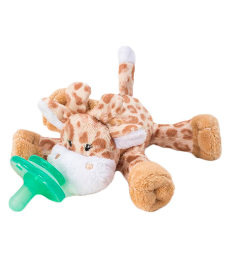 Georgie Giraffe plush toy with silicone pacifier and Hug Ring for baby self-soothing. Machine-washable, safe for ages 6+ months.