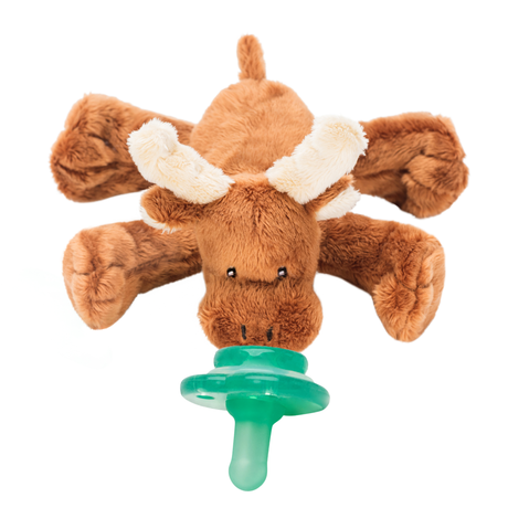Marley Moose plush toy with silicone pacifier and Hug Ring for baby self-soothing. Machine-washable, fits major pacifier brands like MAM and Avent.