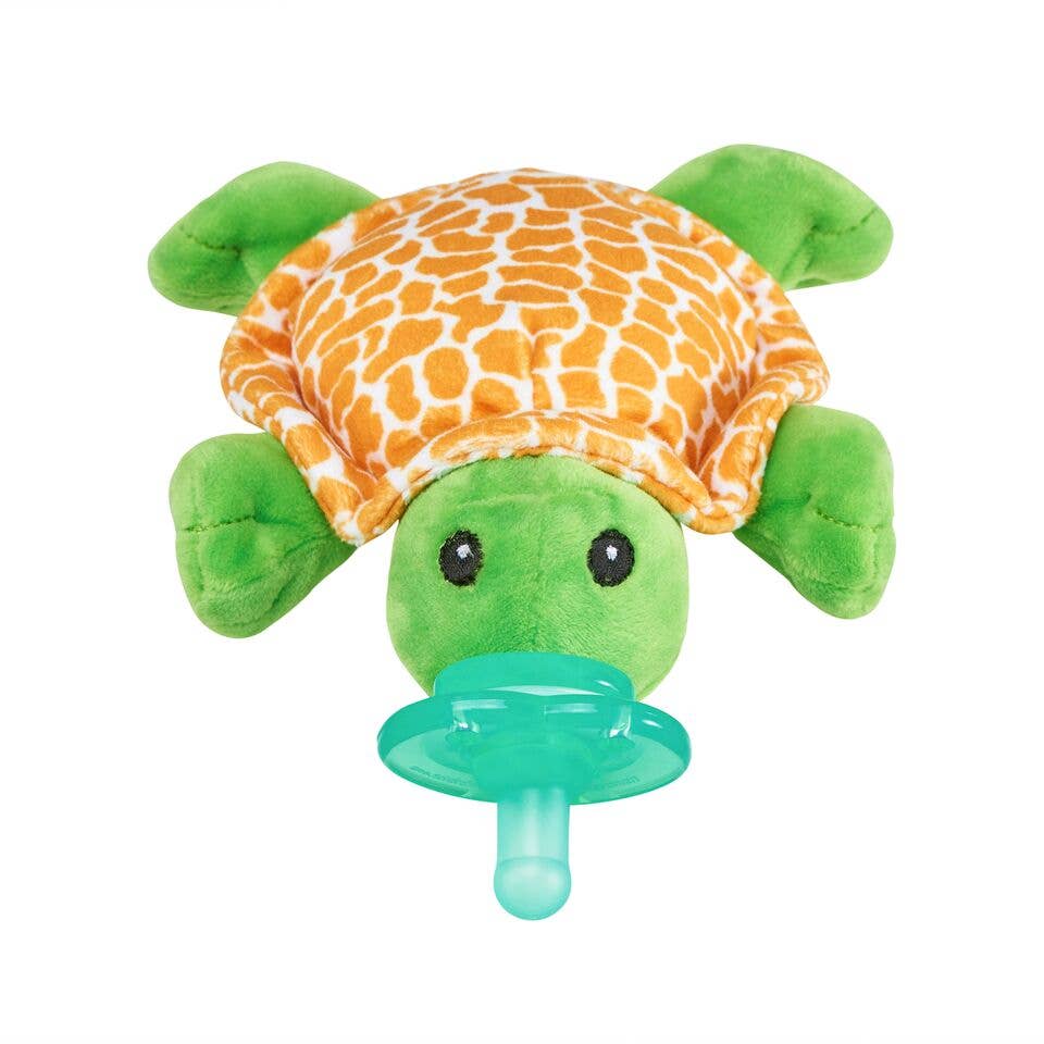 Tickles Turtle plush toy with silicone pacifier and Hug Ring for baby self-soothing. Machine-washable, compatible with major pacifier brands.