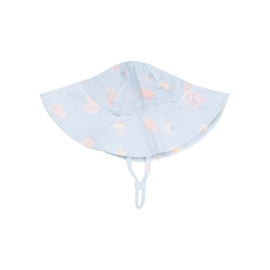 Wide brim sunhat adorned with pretty seashell designs, perfect for summer sun protection

