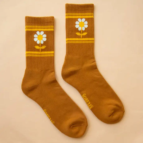Retro Flower Striped Ribbed Crew Socks - Vintage-Inspired Comfort