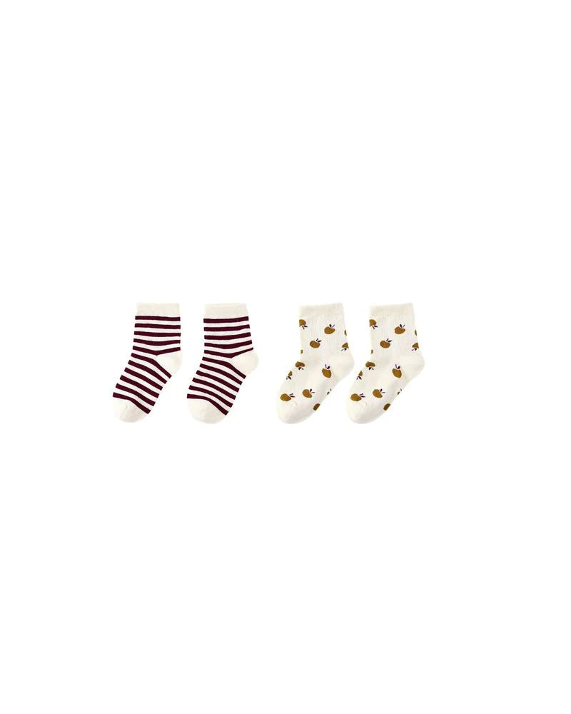 Rylee + Cru || JACQUARD SOCKS, 2-PACK || BURGUNDY STRIPE, APPLE