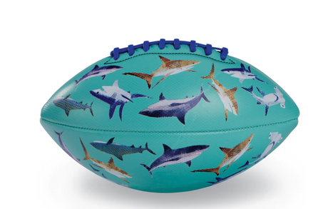 Inflatable shark-print football with textured double laces for easy grip. Waterproof PVC material, perfect for pool, beach, or backyard play (ages 3+).