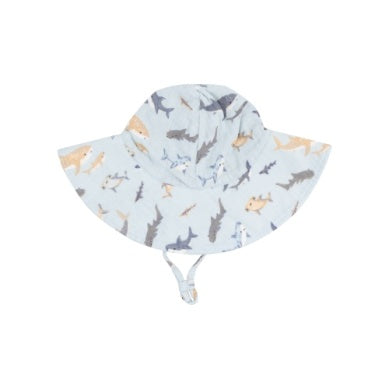 Wide brim sunhat with shark patterns, ideal for outdoor sun protection in summer