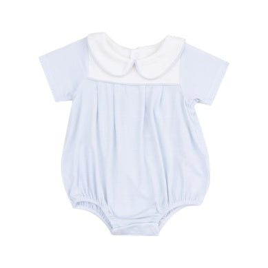 Baby bubble romper in classic blue stripe with box pleat design, fresh and timeless look