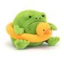 Green frog plush toy holding a yellow duck float ring