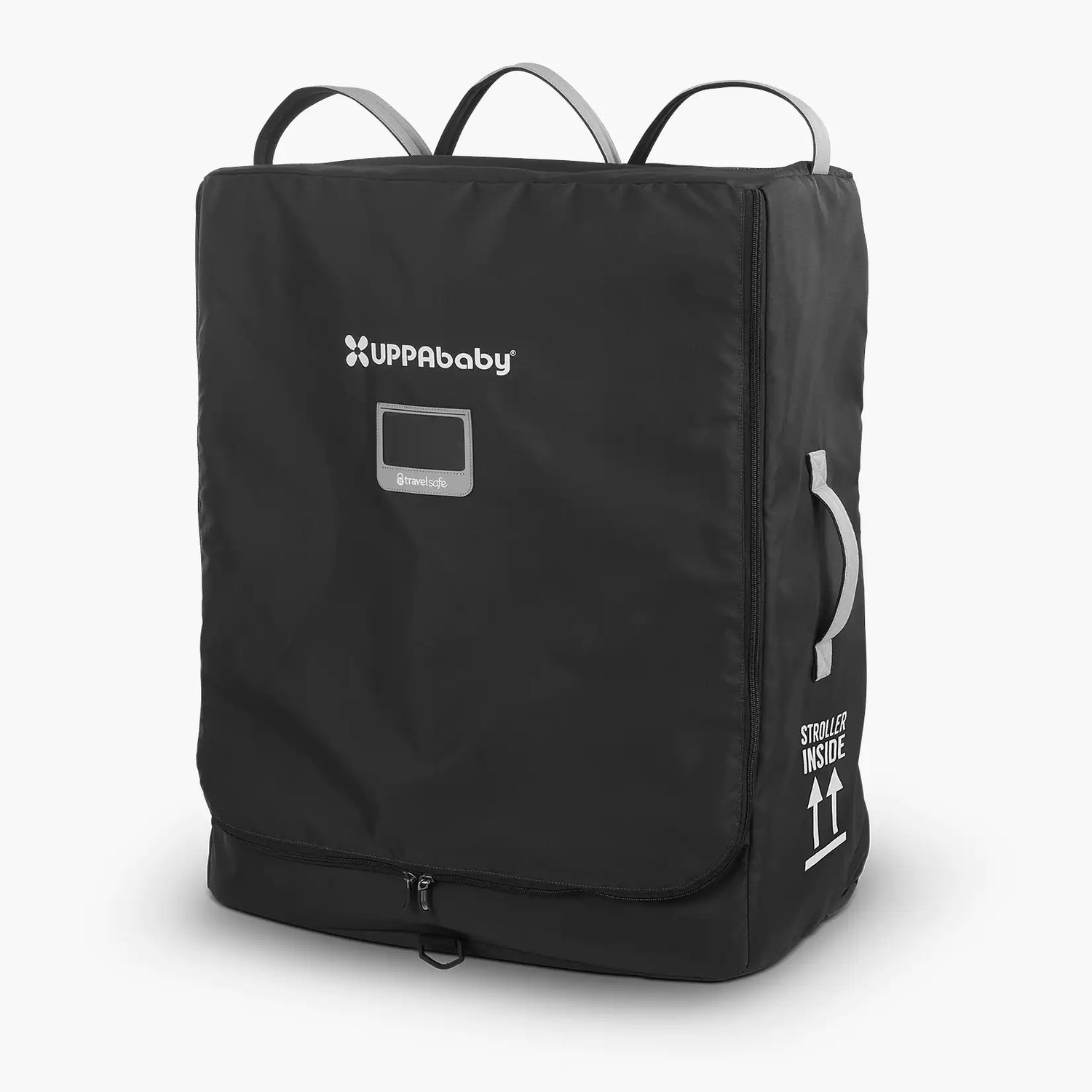 Durable luggage-grade travel bag with cushioned fabric protects Minu Duo strollers during flights. Features spinner wheels, collapsible storage, and front luggage tag pocket. Covered by TravelSafe Program and 4-year warranty for stress-free air travel.