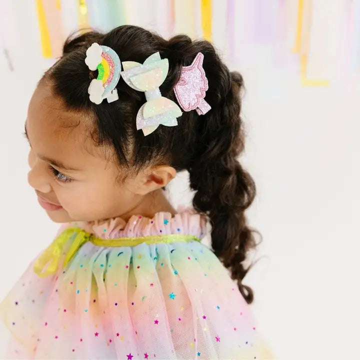  Kids’ hair clip set featuring unicorn and rainbow designs