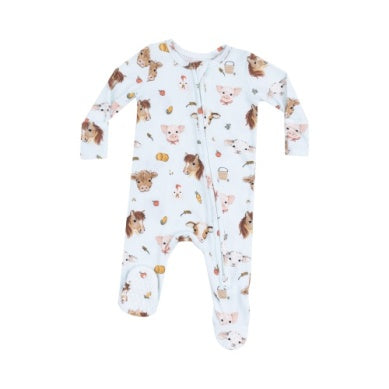 Blue baby footie with vintage animal face print and 2-way zipper, soft and cozy

