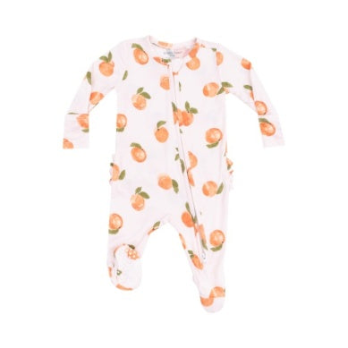 Baby footie with watercolor peach print, 2-way zipper and ruffle detail on the back